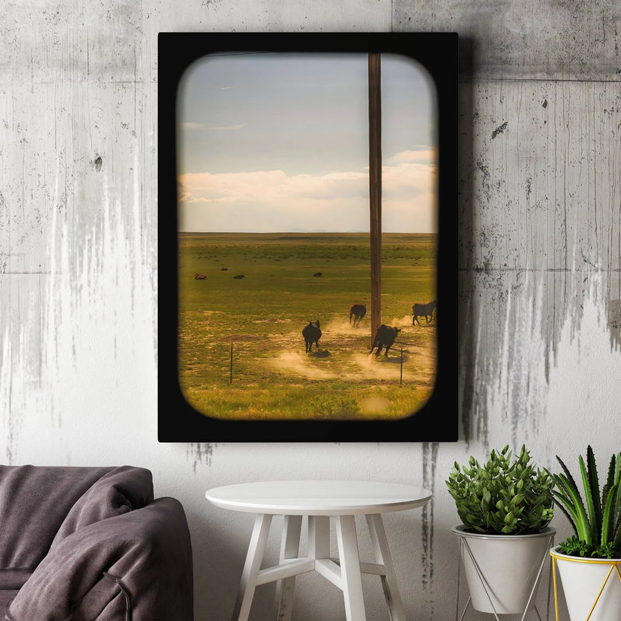 Running Cows Wall Art | Rural Farm Landscape Canvas Print | 1.25-Inch Premium Gallery Profile | Rustic Home Decor Gift for Animal Lovers