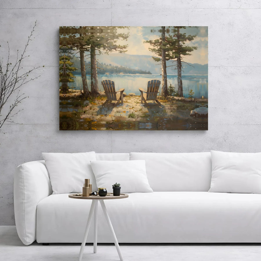 Lake House Wall Art | Adirondack Chairs Lakeside Scenery | Premium Gallery Wrapped Canvas | Peaceful Nature Decor for Living Room
