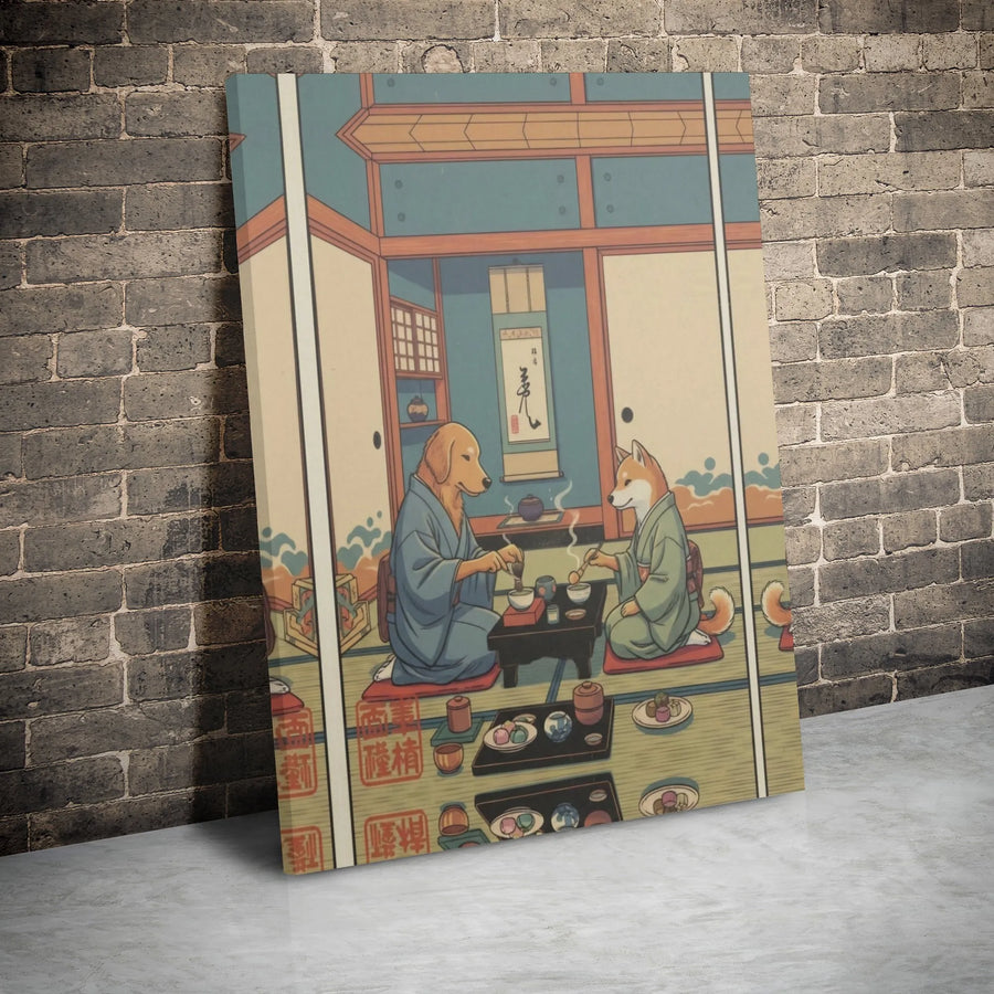 Dog Tea Ceremony Canvas Wall Art | Japanese Ukiyo-E Golden Retriever Shiba Inu Print | Premium Gallery Wrap Decor | Unique Gift for Dog Lovers