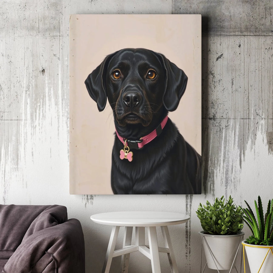 Black Labrador Canvas Wall Art | Whimsical Dog Portrait with Pink Collar | Premium Gallery Wrapped Decor | Unique Pet Lover Gift Idea