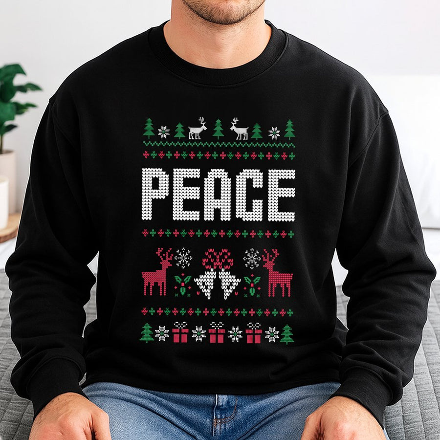 Peace Ugly Christmas Sweatshirt | Festive Reindeer Pattern | Soft Cotton Polyester Blend | Holiday Gift For Men And Women