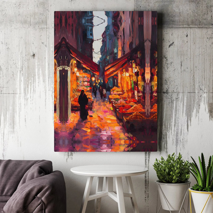Night Market Street Scene Canvas Art | Impressionist Cityscape Oil Painting Print | Gallery Quality 1.25" Profile | Modern Home & Office Wall Decor