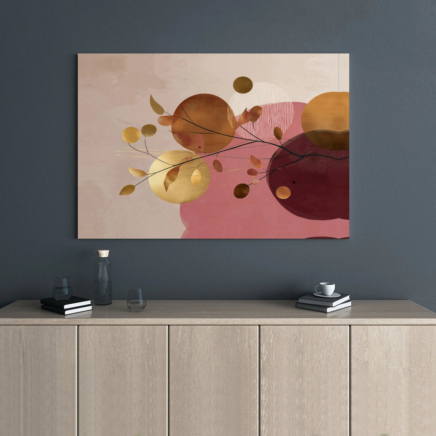 Abstract Geometric Wall Art | Gold Botanical Branch & Circles Print | Premium Gallery Wrap Canvas | Modern Home Decor Gift