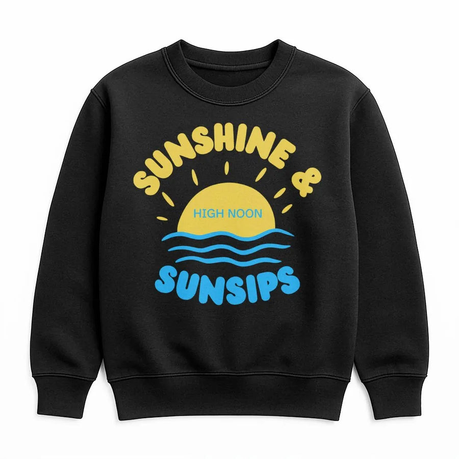 Sunshine and Sunsips Sweatshirt | Retro Sunset Graphic Pullover | Premium Cotton-Blend | Trendy Summer Vibe Gift for Beach Lovers and Nooners