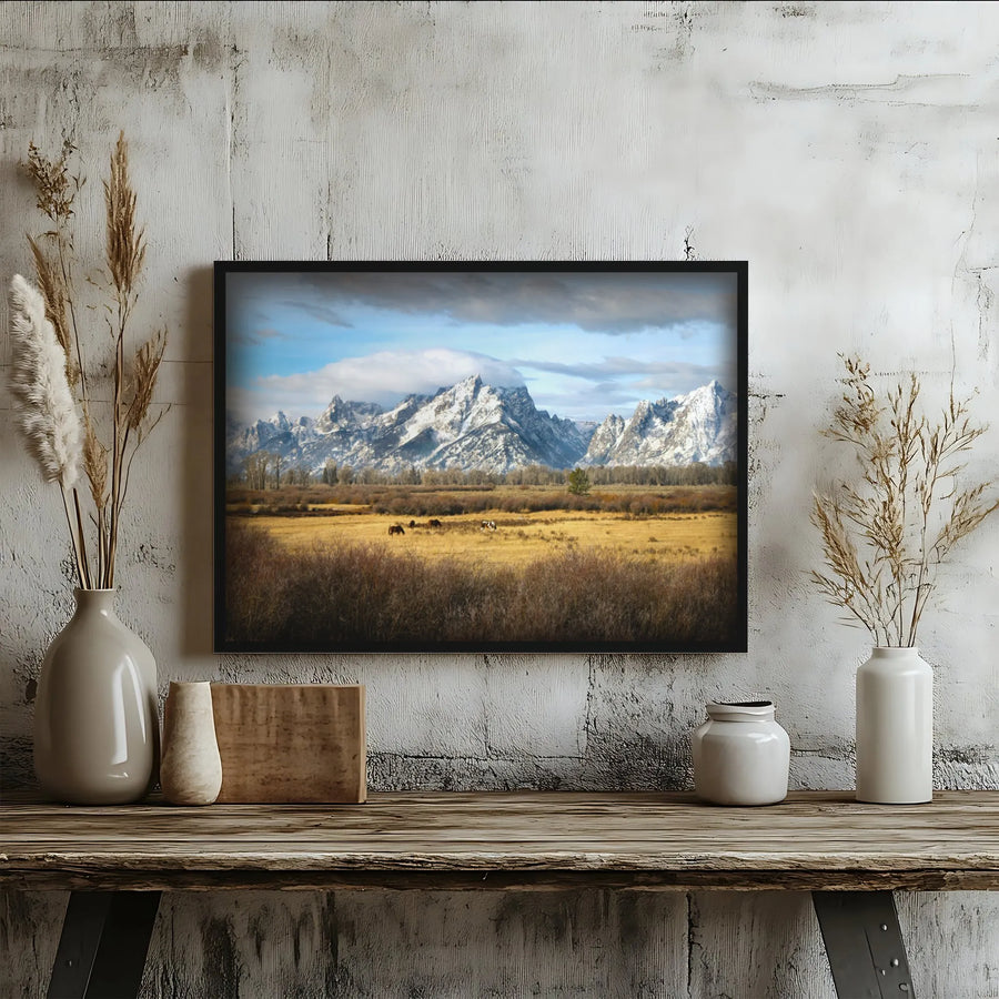Grand Teton National Park Canvas Print | Horses Grazing Mountain Landscape | Gallery Wrapped Premium Wall Art | Rustic Home & Office Decor Gift