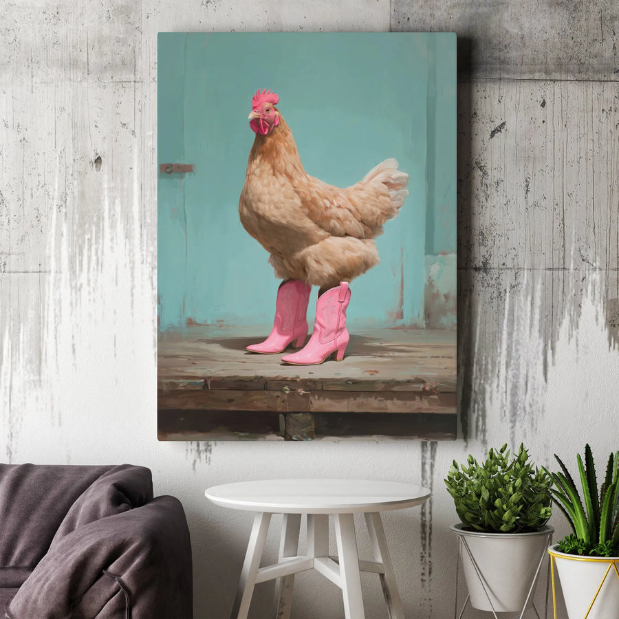 Chicken With Pink Cowboy Boots Wall Art | Whimsical Farmhouse Canvas Print | Gallery-Wrapped Premium Decor | Funny Country Kitchen Gift