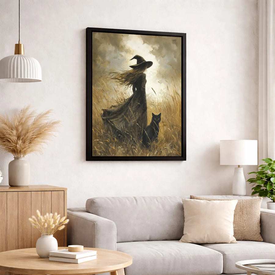 Witch And Black Cat Canvas Wall Art | Gothic Fantasy Field Portrait | Premium Gallery Wrapped Decor | Spooky Witchy Home Decor Gift