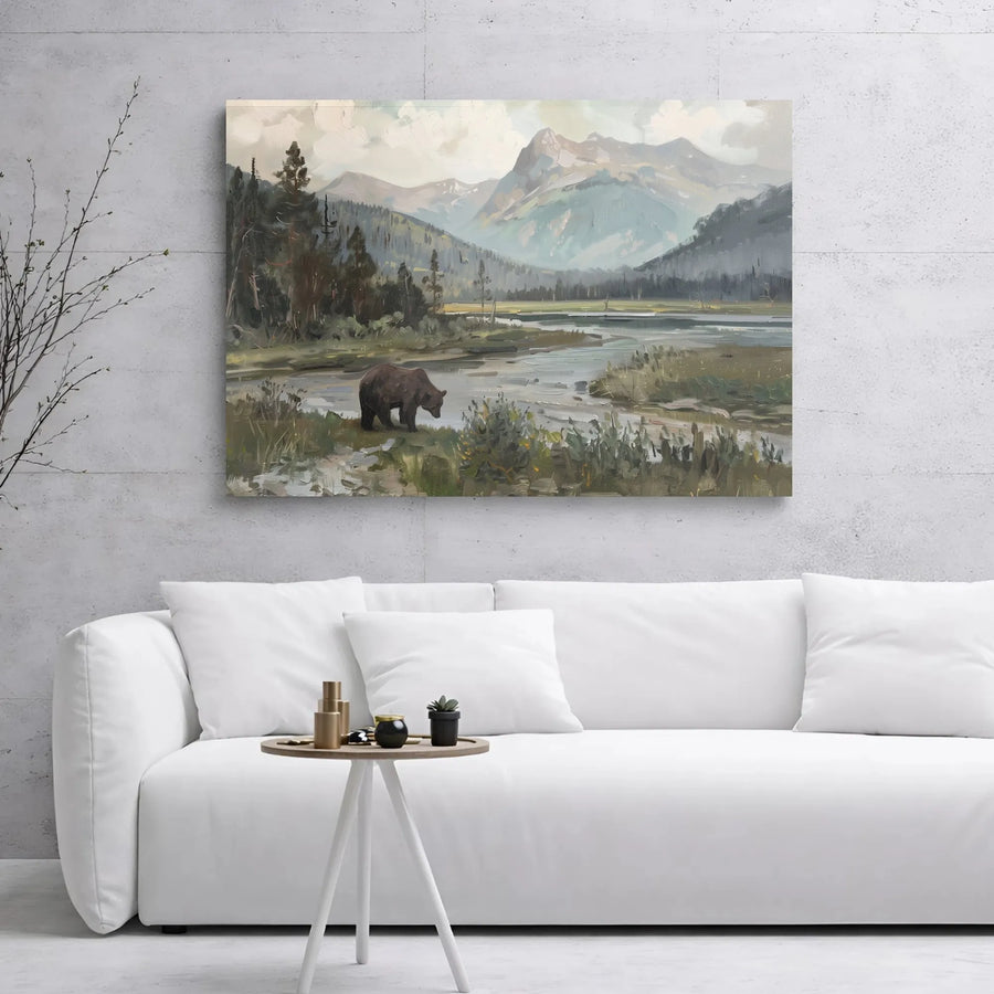 Grizzly Bear Landscape Canvas Print | Mountain River Forest Wall Art | 1.25” Gallery Wrap | Premium Nature Decor for Cabin or Home Office
