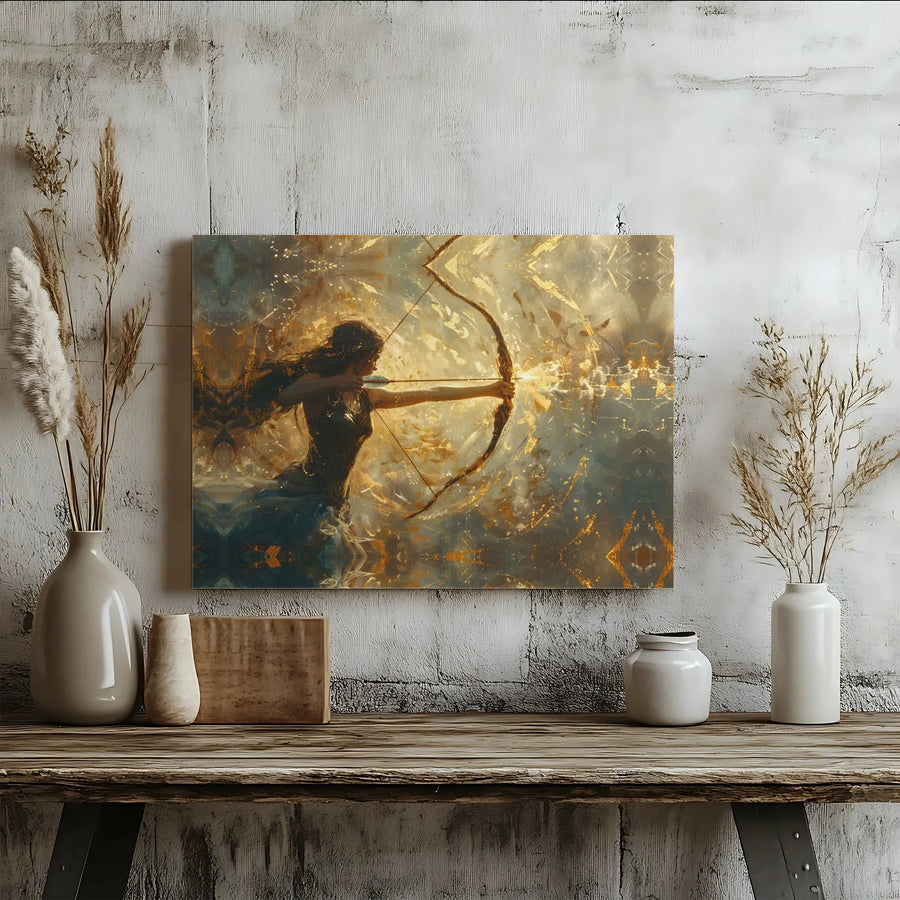 Female Archer Wall Art | Golden Fantasy Warrior Canvas Print | Premium Fade-Resistant Decor | Gift For Her Fantasy Lover