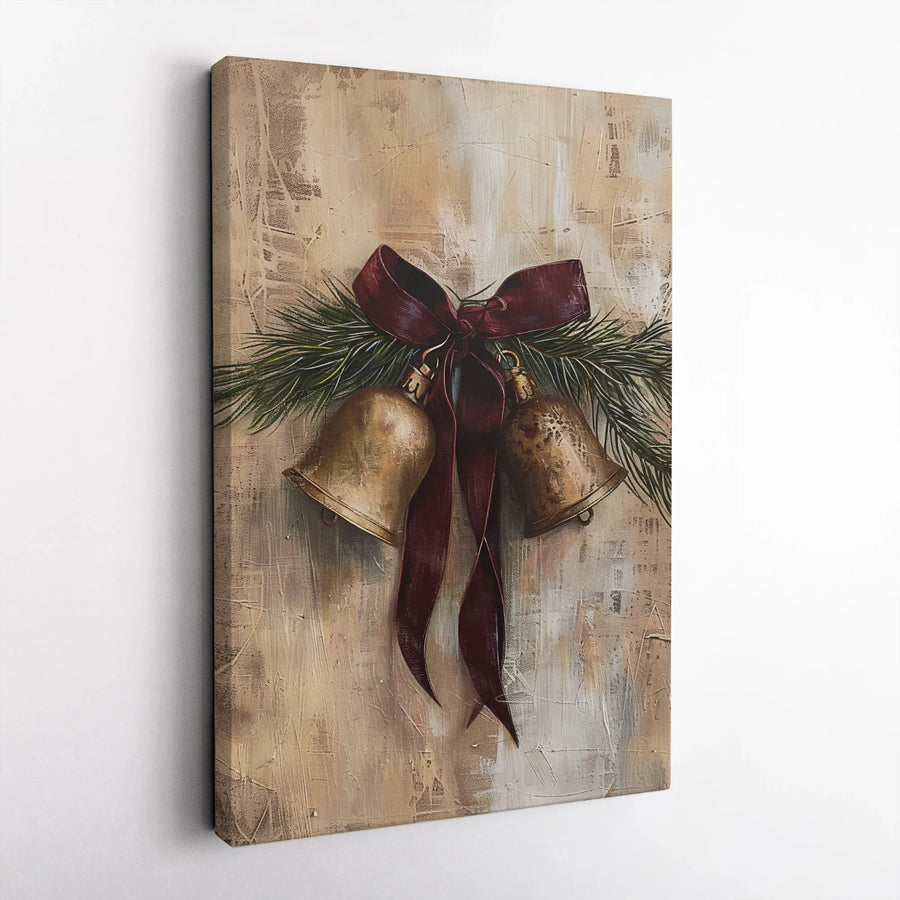 Rustic Christmas Bells Canvas Wall Art | Vintage Pine & Ribbon Holiday Decor | Premium Fade-Resistant Print | Festive Farmhouse Wall Hanging Gift
