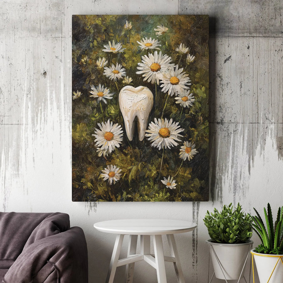 Tooth Canvas Wall Art | Floral Molar Painting with Daisies | Premium Gallery-Wrapped Print | Unique Dentist Office Decor & Dental Gift
