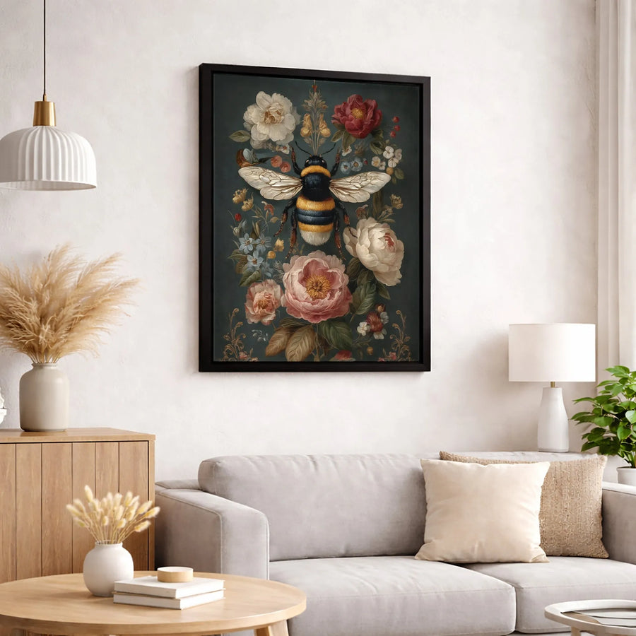 Bumblebee Floral Canvas Wall Art | Vintage Botanical Bee Illustration | Premium Fade-Resistant Gallery Wrap | Elegant Home Office Decor Gift