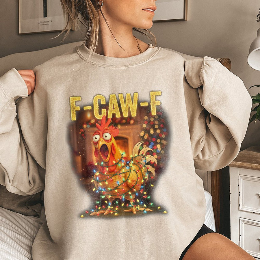 F-CAW-F Chicken Sweatshirt | Funny Christmas Lights Graphic | Premium Cotton Blend | Humorous Holiday Gift for Poultry Lovers