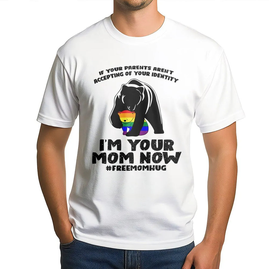 Free Mom Hugs T-Shirt | LGBTQ Rainbow Mama Bear Pride Design | 100% Soft Cotton Premium Tee | Supportive Gift For Allies And Community