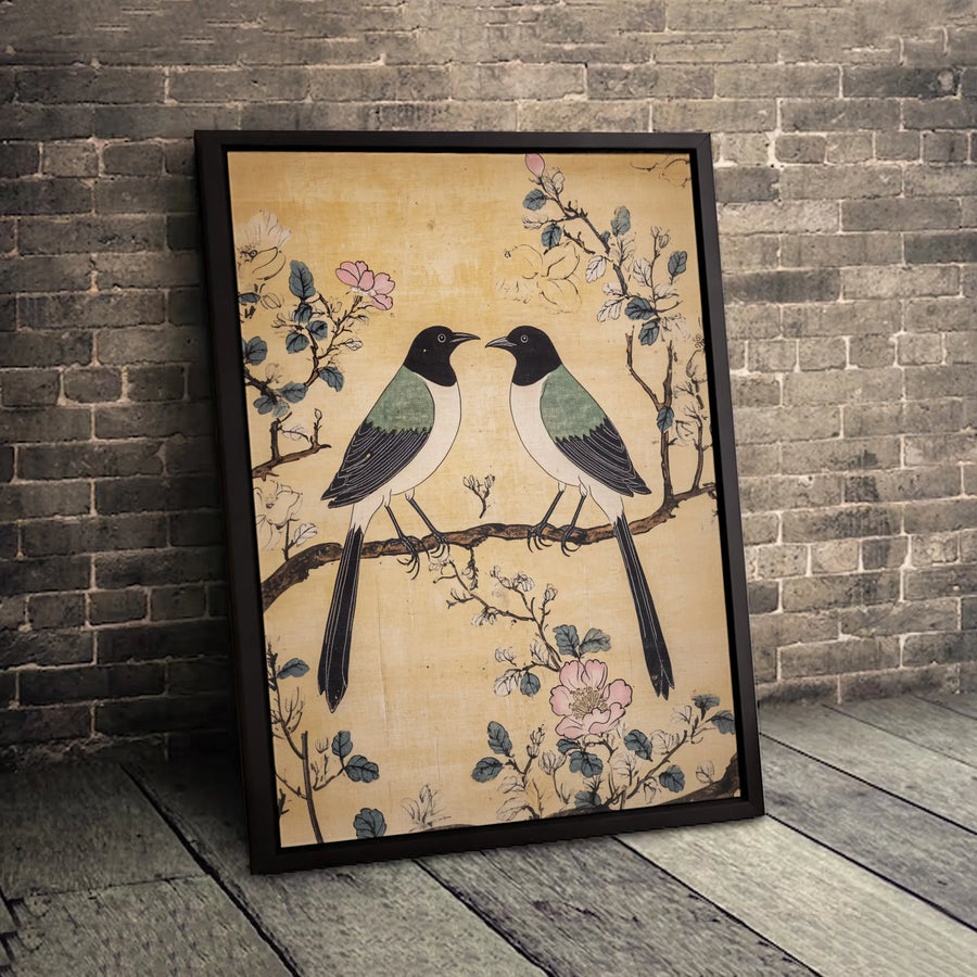 Japanese Bird Art Canvas Print | Vintage Magpies on Blooming Branch | Gallery Wrapped Premium Canvas | Asian Home Decor for Living Room