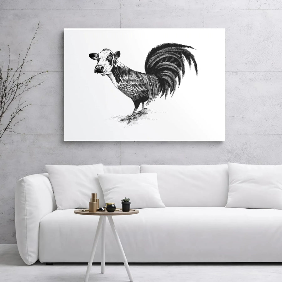 Surreal Cow Rooster Hybrid Canvas | Whimsical Farm Animal Wall Art | Premium Gallery Wrap Print | Unique Gift for Farmhouse Decor Lovers
