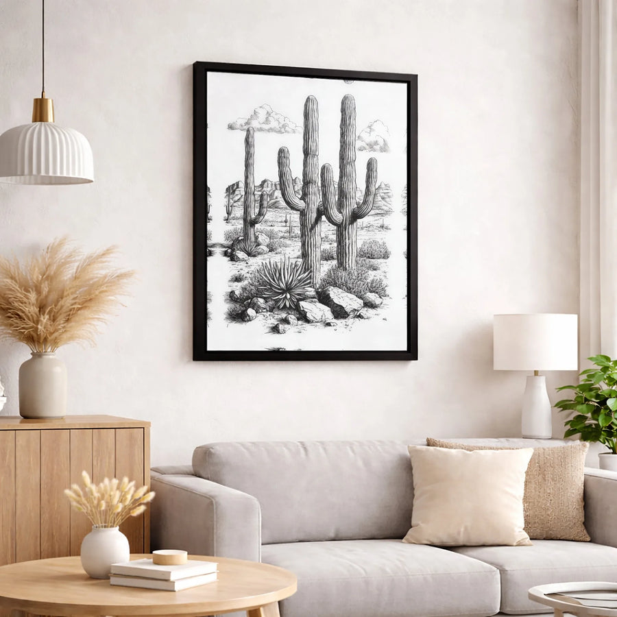Saguaro Cactus Wall Art | Southwestern Desert Landscape Sketch | Premium 1.25 Inch Gallery Canvas | Bohemian Home Office Decor