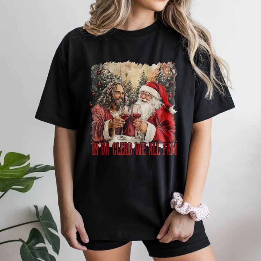 Funny Christmas T-Shirt | Santa and Jesus Drinking Wine Graphic | Premium Cotton Unisex Tee | Gift for Holiday Party or White Elephant Exchange