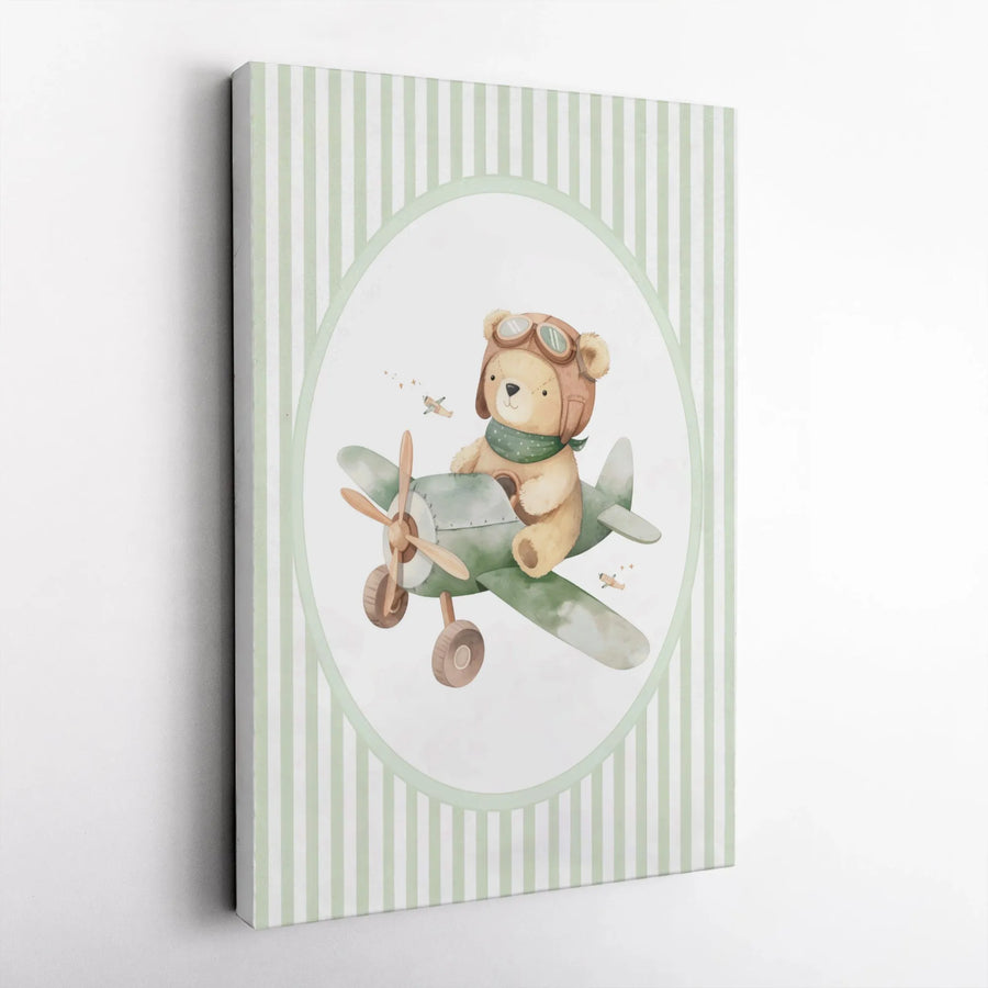 Watercolor Teddy Bear Pilot Canvas | Sage Green Striped Nursery Wall Art | Premium Gallery Wrap | Cute Aviator Animal Gift for Baby Boy Room