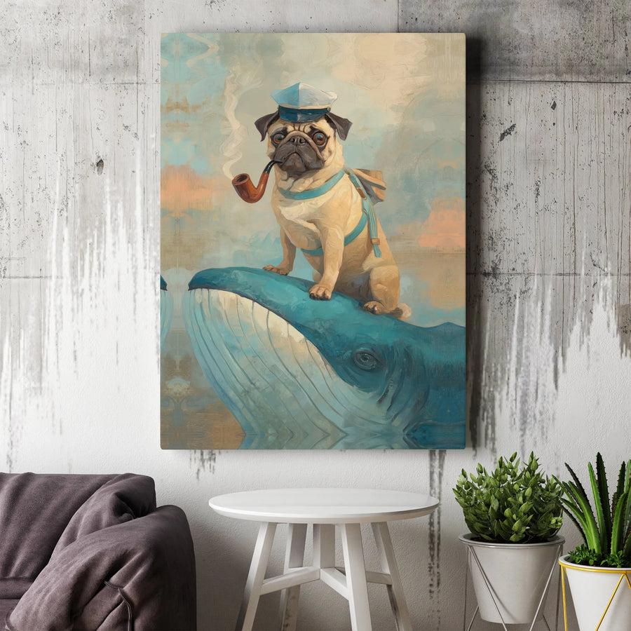 Sailor Pug and Whale Canvas Art | Whimsical Nautical Dog Painting | Premium Gallery Wrap Canvas | Unique Gift for Dog Lover