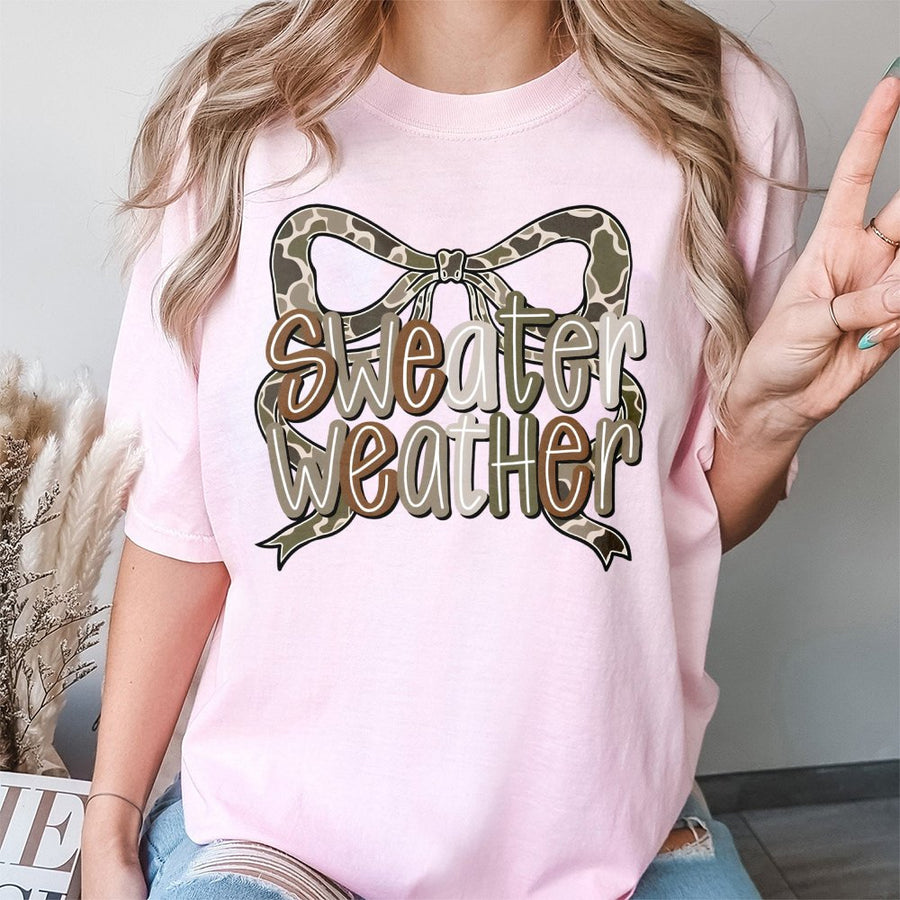 Sweater Weather T-Shirt | Camo Coquette Bow Graphic | Premium Soft Cotton Tee | Cute Fall Aesthetic Gift For Her