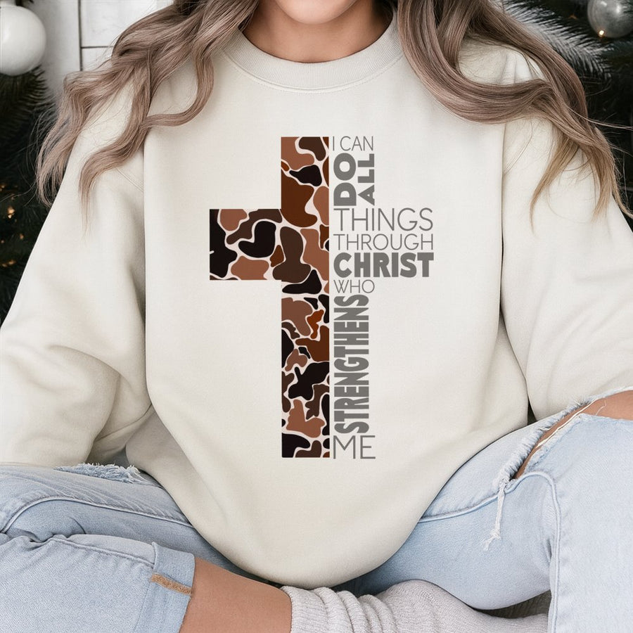 I Can Do All Things Through Christ Sweatshirt | Camo Cross Bible Verse Design | Premium Cotton Blend | Christian Religious Gift For Men And Women