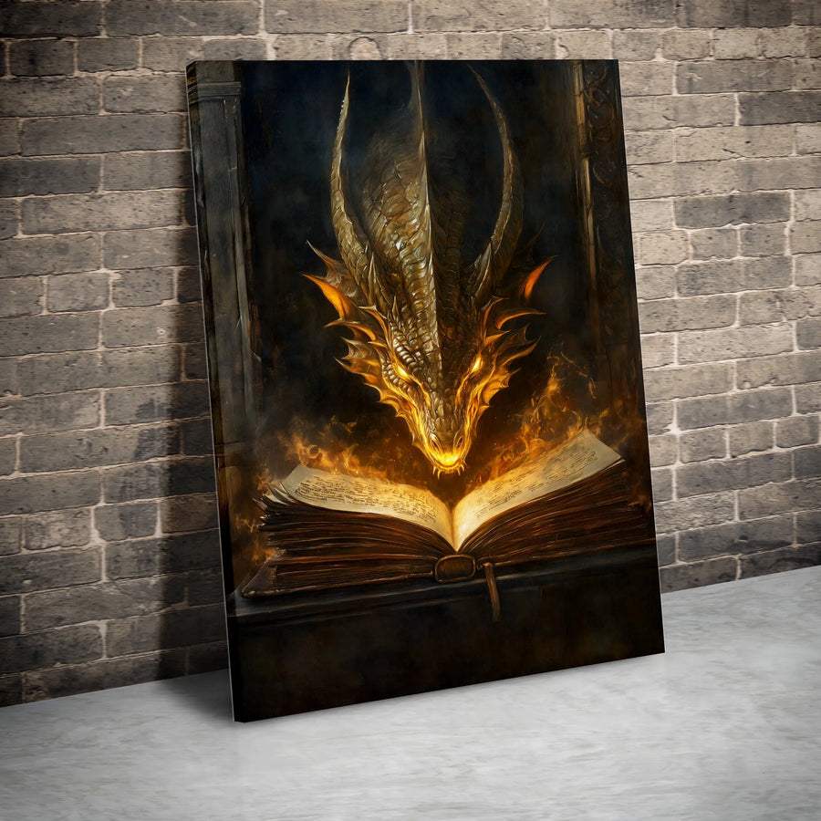 Golden Dragon Wall Art | Mystical Fiery Book Fantasy Print | Premium Gallery Wrapped Canvas | Epic Gift for Fantasy Lovers and Readers