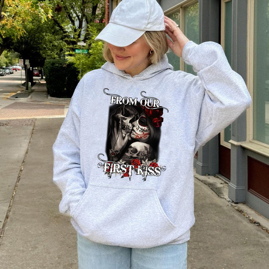 Skull and Rose Couple Hoodie | From Our First Kiss Graphic Design | Premium Cotton-Blend Pullover | Romantic Goth Gift for Valentine Couples