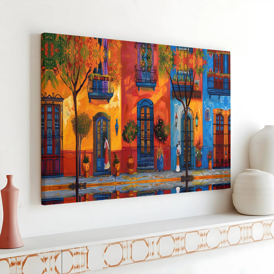 Latin American Street Canvas | Vibrant Colorful Cityscape Wall Art | 1.25 Inch Premium Gallery Wrap | Fine Art Home Decor Gift