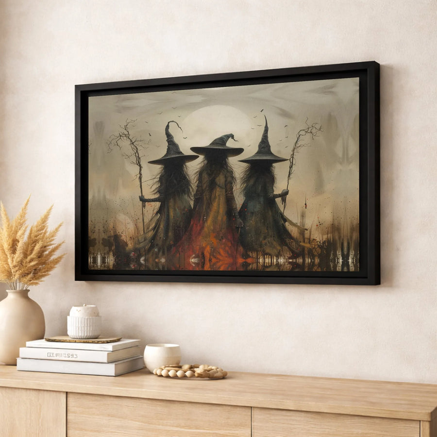 Three Witches Wall Art | Gothic Full Moon Coven Painting | Premium Gallery-Wrapped Canvas | Spooky Halloween Home Decor Gift