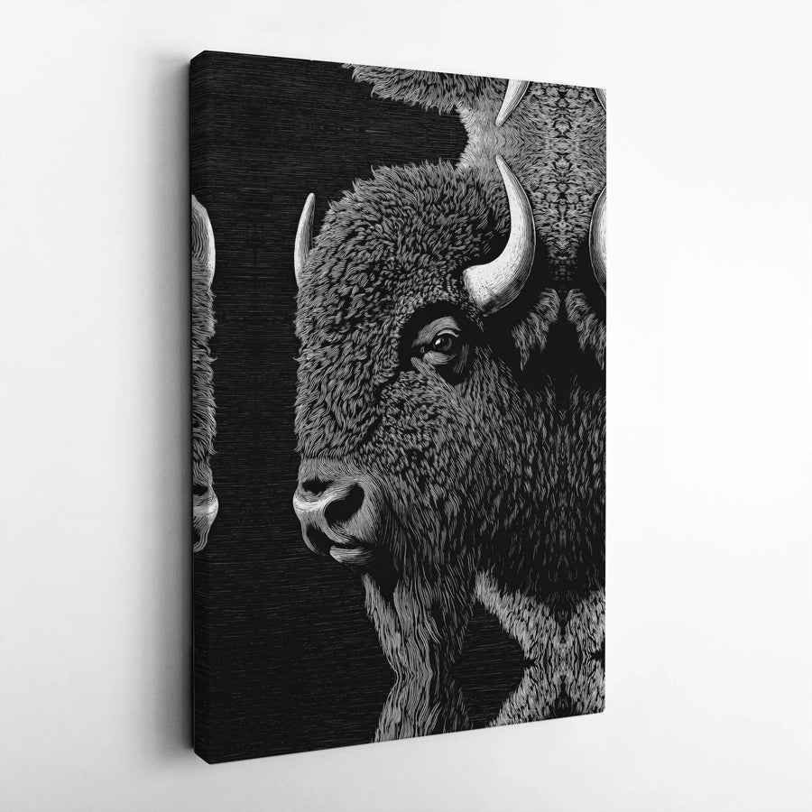 American Bison Canvas Wall Art | Rustic Woodcut Style Animal Portrait | Premium Fade-Resistant Gallery Wrap | Modern Farmhouse Home Decor Gift