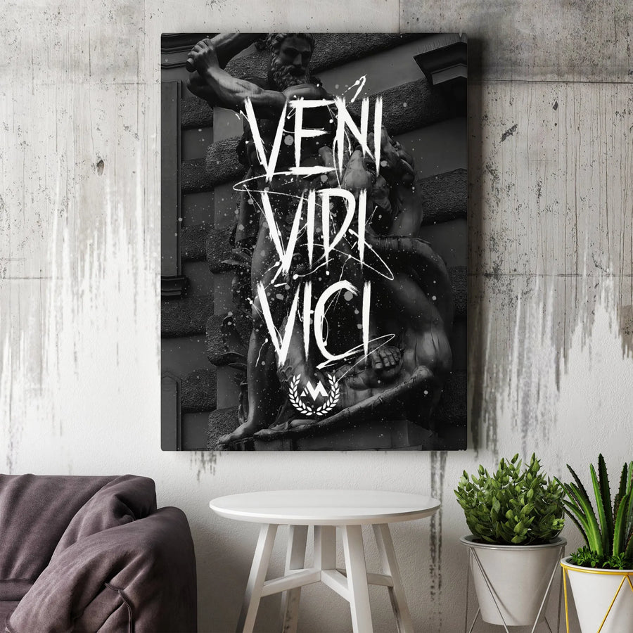 Veni Vidi Vici Canvas Print | Roman Statue Street Art | Premium 1.25" Gallery Wrap | Motivational Office Wall Decor for Men