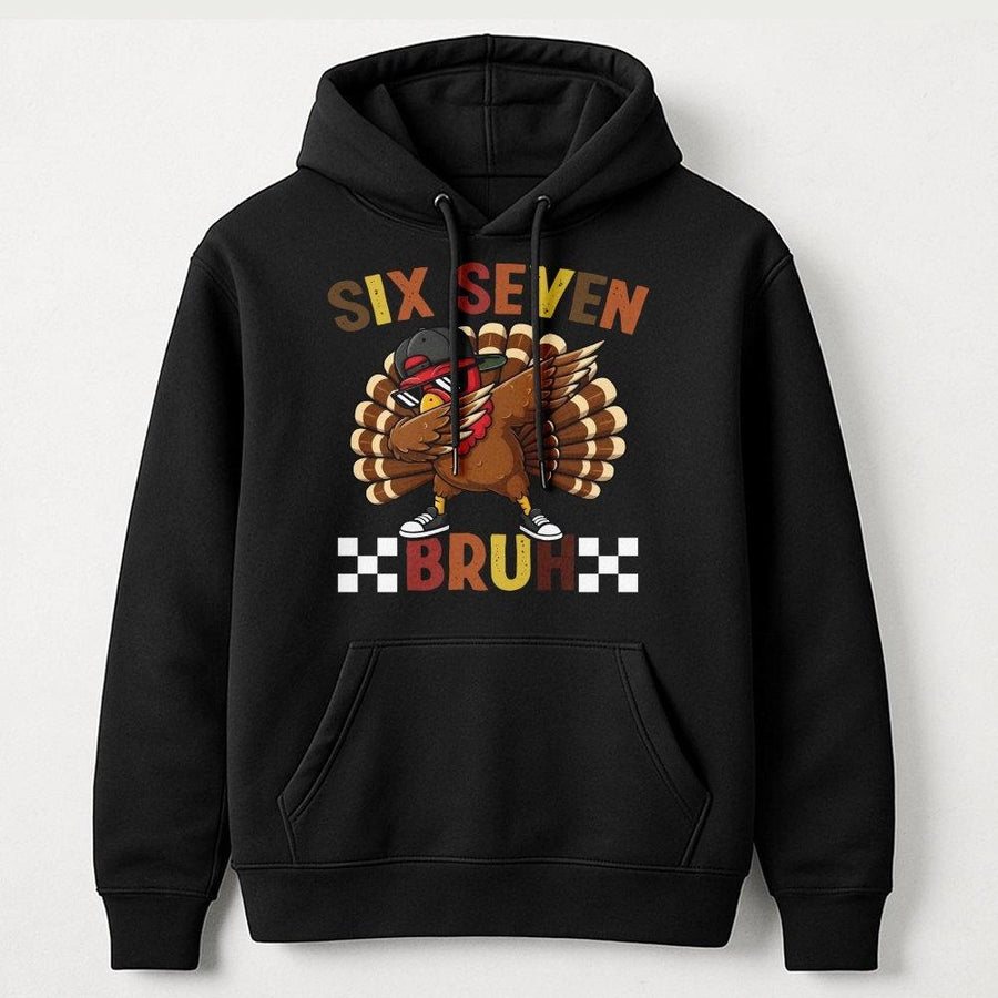 Dabbing Turkey Thanksgiving Hoodie | Funny Six Seven Bruh Meme Design | Premium Cotton Blend Pullover | Cute Fall Holiday Gift for Kids and Teens