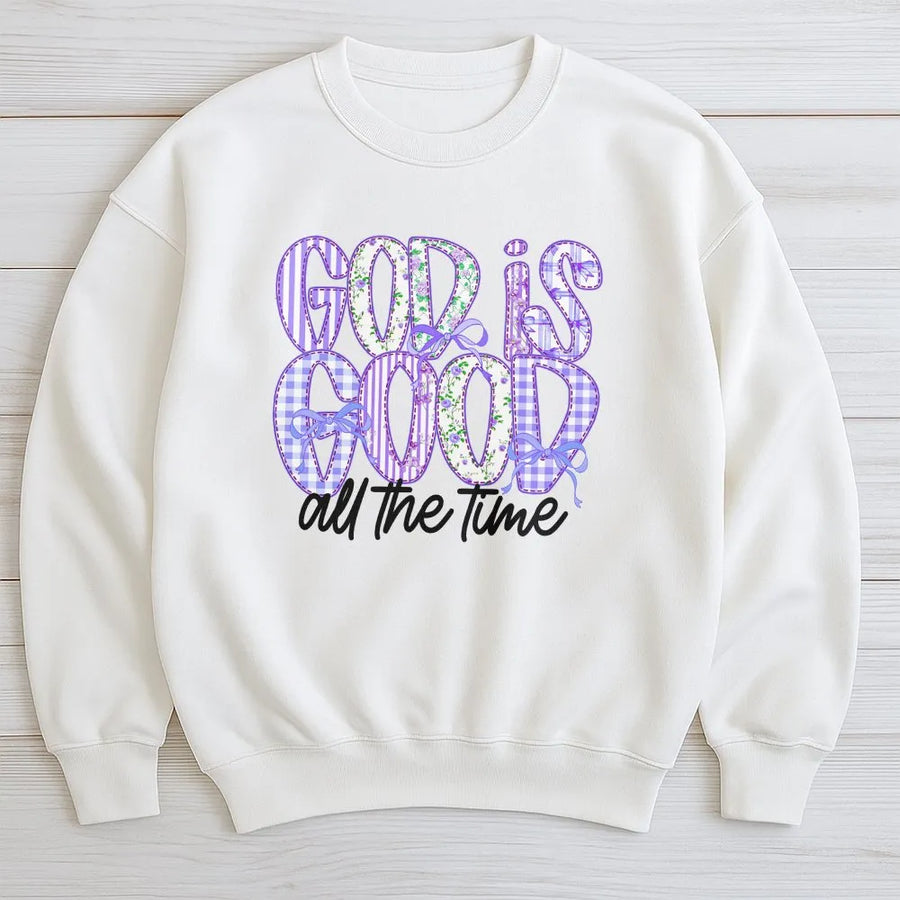 God Is Good Christian Sweatshirt | Preppy Gingham Floral Design | Premium Cotton-Blend Pullover | Inspirational Faith Based Gift for Women
