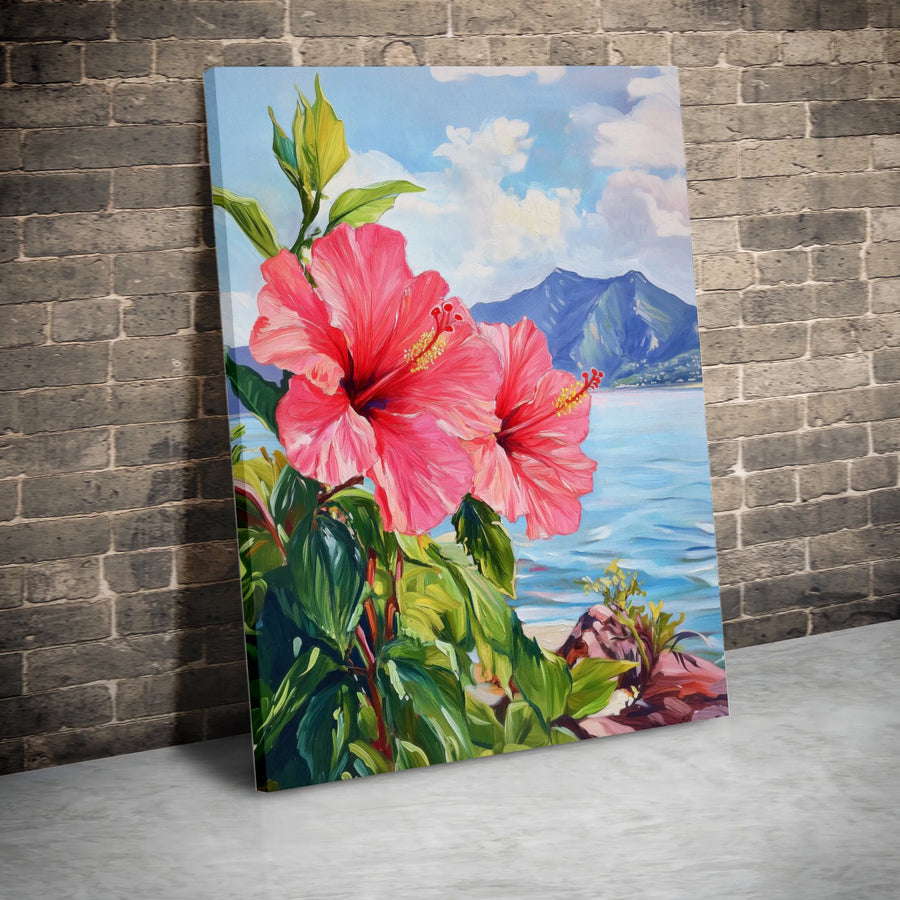 Hibiscus Flower Canvas Wall Art | Vibrant Hawaiian Coastal Scene Painting Style | Premium Thick Gallery Wrap Canvas | Tropical Botanical Decor Gift