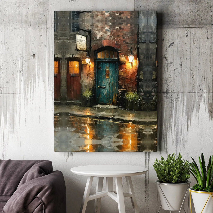 Rainy European Street Canvas Wall Art | Moody Teal Door Impressionist Print | Premium Gallery-Wrapped Decor | Gift for Art Lovers