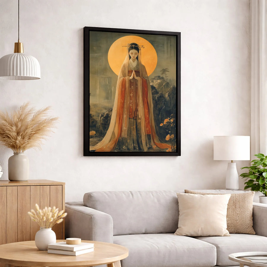 Traditional Chinese Woman Wall Art | Zen Goddess Under Full Moon Canvas | Premium Gallery-Wrapped Print | Elegant Spiritual Home Decor Gift