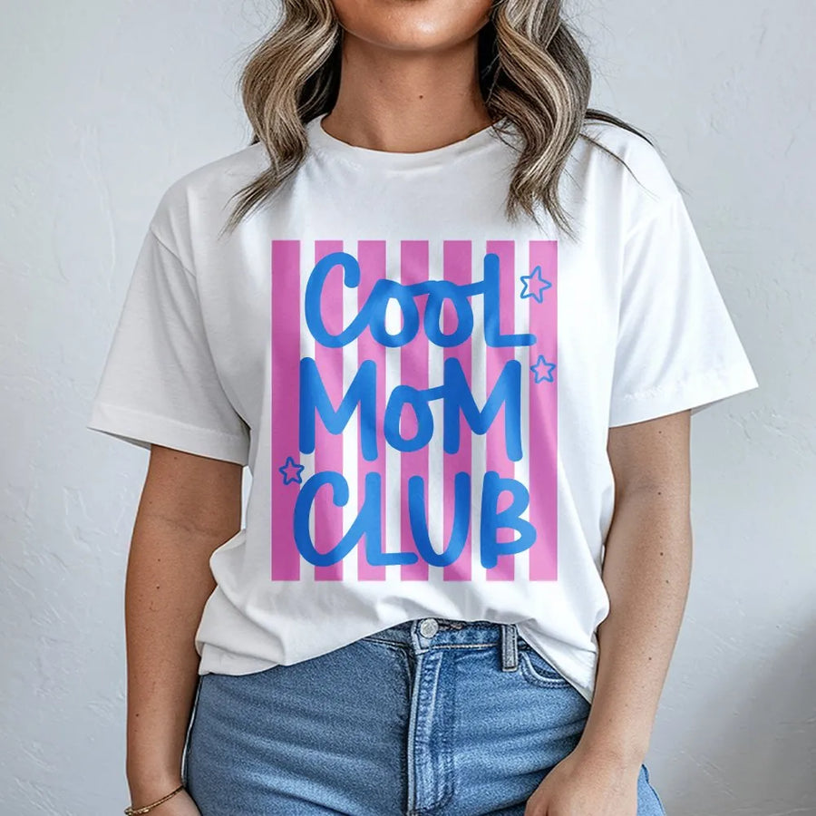 Cool Moms Club T-Shirt | Trendy Preppy Striped Graphic | Premium Soft Cotton Blend | New Mom Gift for Her