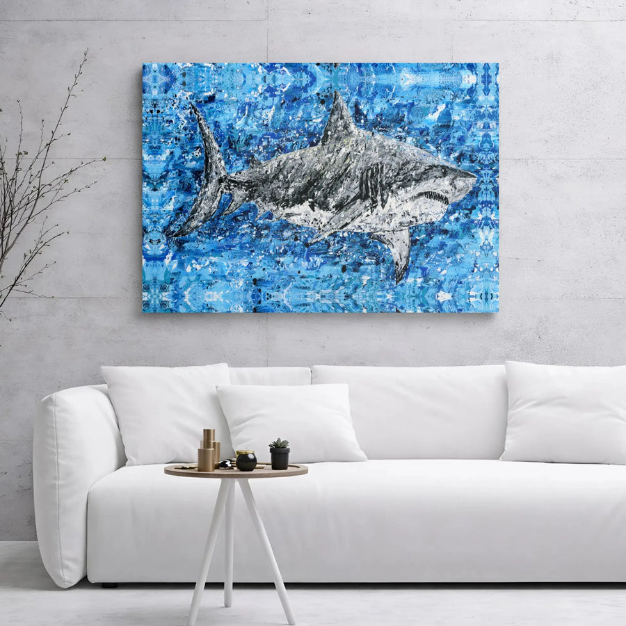 Abstract Great White Shark Canvas Print | Textured Blue Ocean Modern Art | Premium Gallery-Wrapped Wall Decor | Nautical Gift for Shark Lovers
