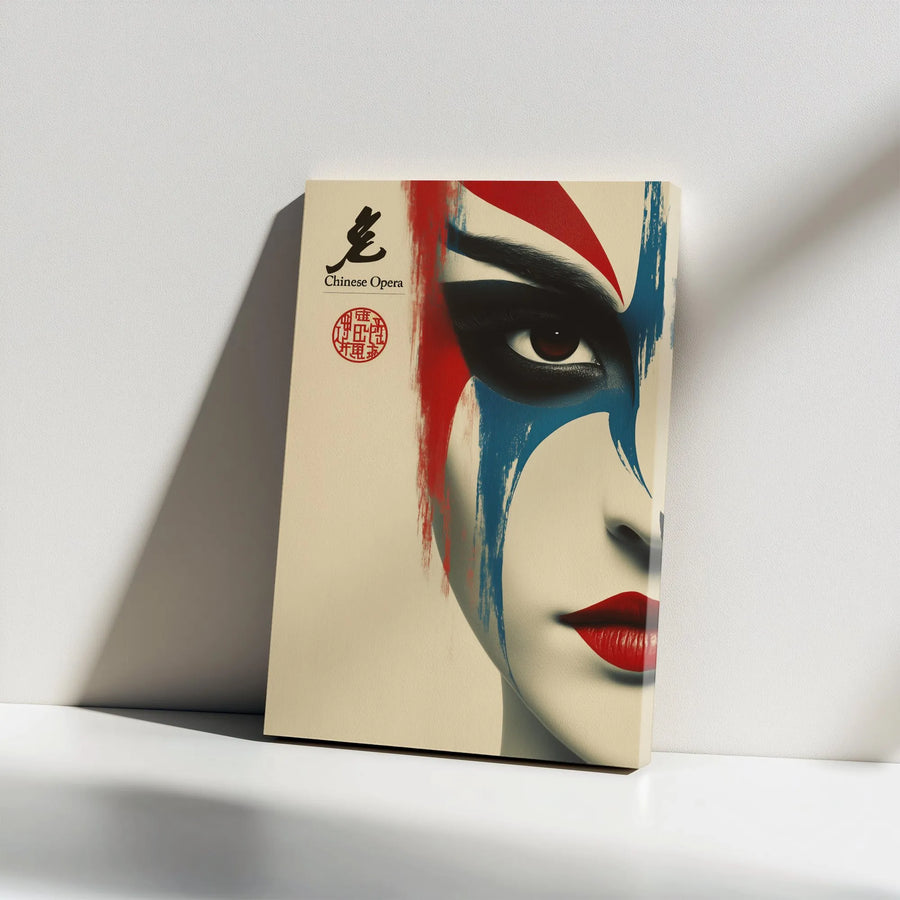 Chinese Opera Canvas Wall Art | Red and Blue Theatrical Face Paint Print | 1.25 Inch Gallery Wrap | Elegant Cultural Decor for Home or Office