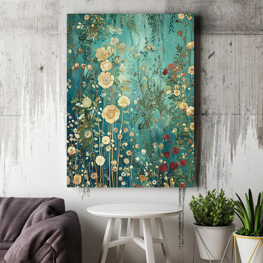 Teal Botanical Wall Art | Vintage Wildflower Garden Painting | Premium Gallery-Wrap Canvas | Modern Home Decor Gift