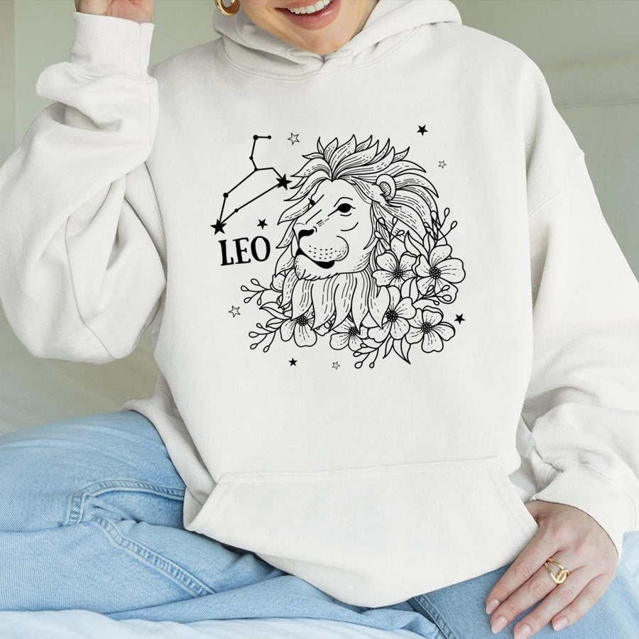 Leo Zodiac Hoodie | Floral Constellation Line Art Design | Premium Cotton Blend | Astrology Gift for Women & Men