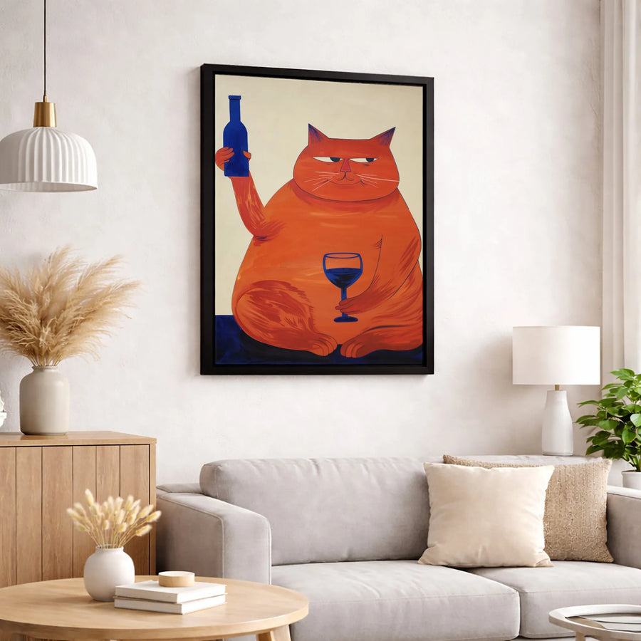 Funny Orange Cat Wine Art | Whimsical Mid-Century Modern Illustration | Premium Gallery Canvas | Unique Kitchen Decor Gift for Cat Lovers