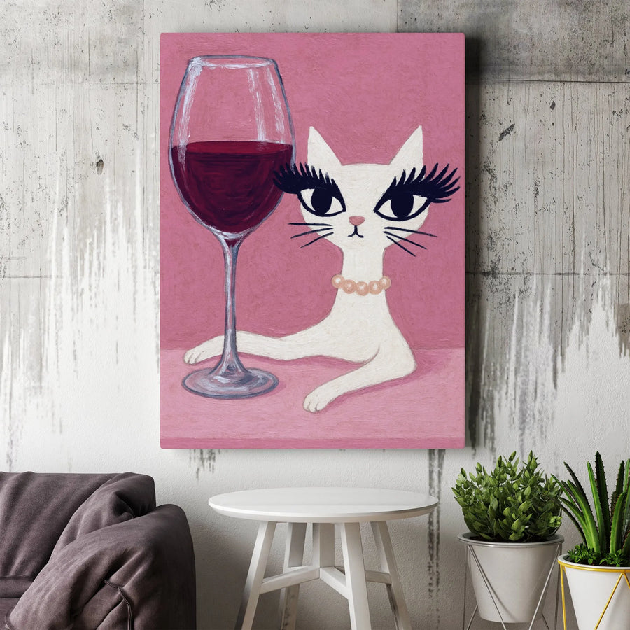 White Cat Canvas Wall Art | Glamorous Kitty With Red Wine Illustration | Gallery Wrap Premium Print | Whimsical Home Decor Gift