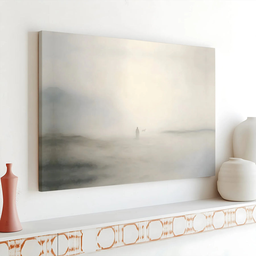 Misty Landscape Canvas Wall Art | Ethereal Cloaked Figure and Dog Print | Premium 1.25" Gallery Wrap | Minimalist Home Decor Gift