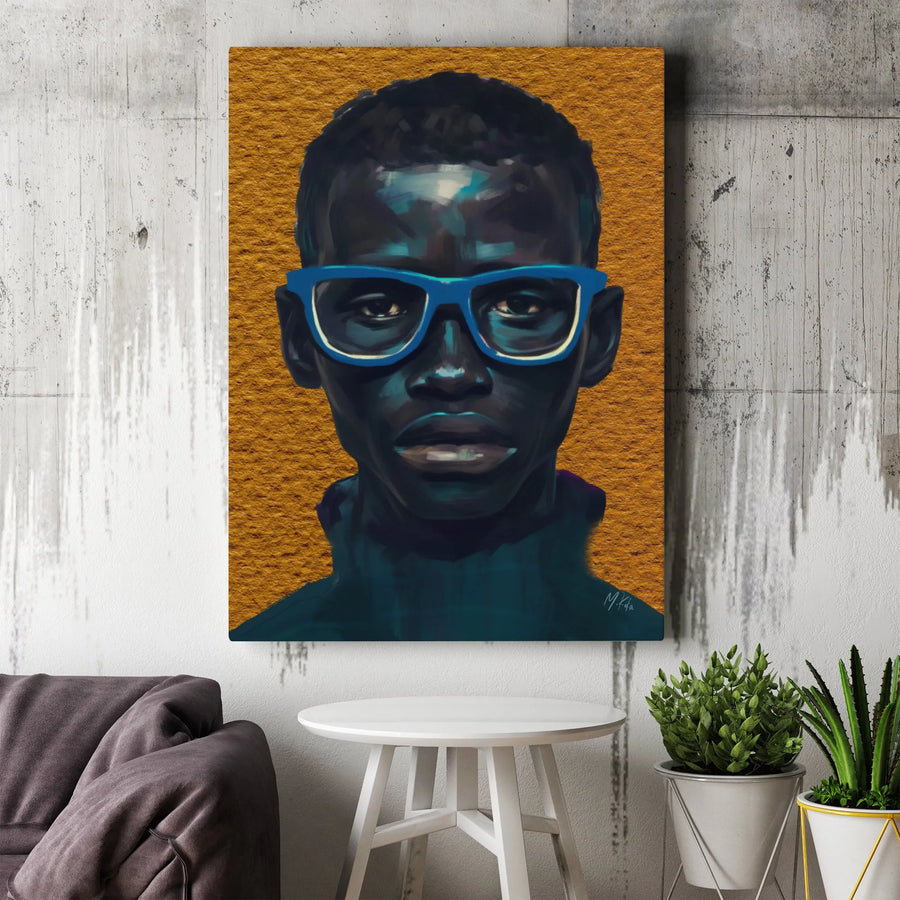 Modern Black Man Canvas Art | Vibrant Portrait with Blue Glasses | Premium Gallery Wrapped Print | Urban Home & Office Decor Gift