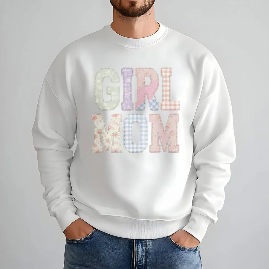 Girl Mom Sweatshirt | Aesthetic Faux Patchwork Lettering | Soft Cotton Blend | Mother's Day Gift for New Mama