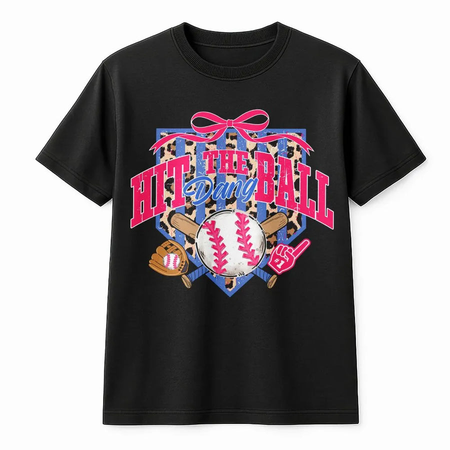 Game Day Baseball T-Shirt | Coquette Leopard Print 'Hit The Dang Ball' Graphic | Soft Unisex Crewneck | Gift for Baseball Mom