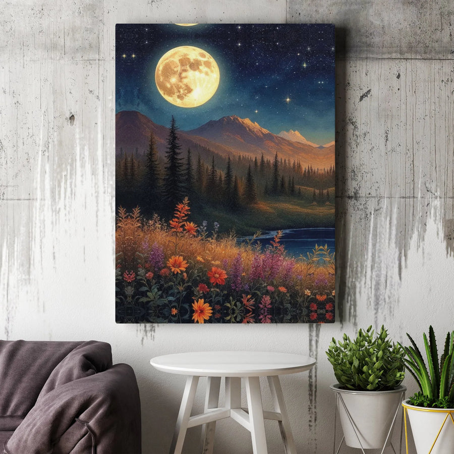 Full Moon Mountain Forest Canvas Art | Night Sky Wildflower Meadow Print | Premium 1.25" Gallery Wrapped Wall Decor | Nature Lover Gift