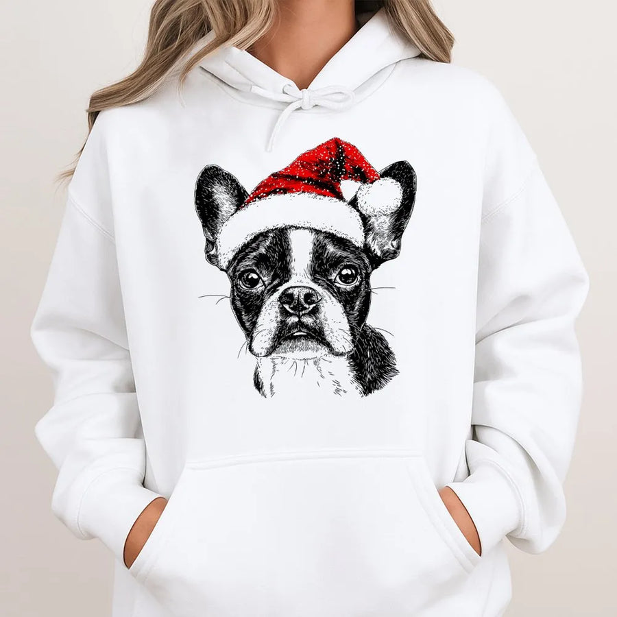 Boston Terrier Santa Hoodie | Cute Dog Christmas Graphic Design | Premium Cotton Blend | Holiday Gift for Dog Lovers & Pet Owners